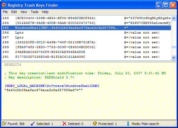 Screenshot of Registry Trash Keys Finder